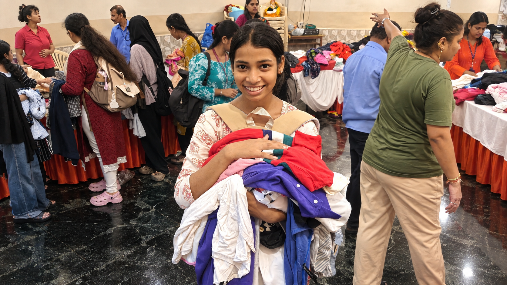 A student happily holding the clothes she selected