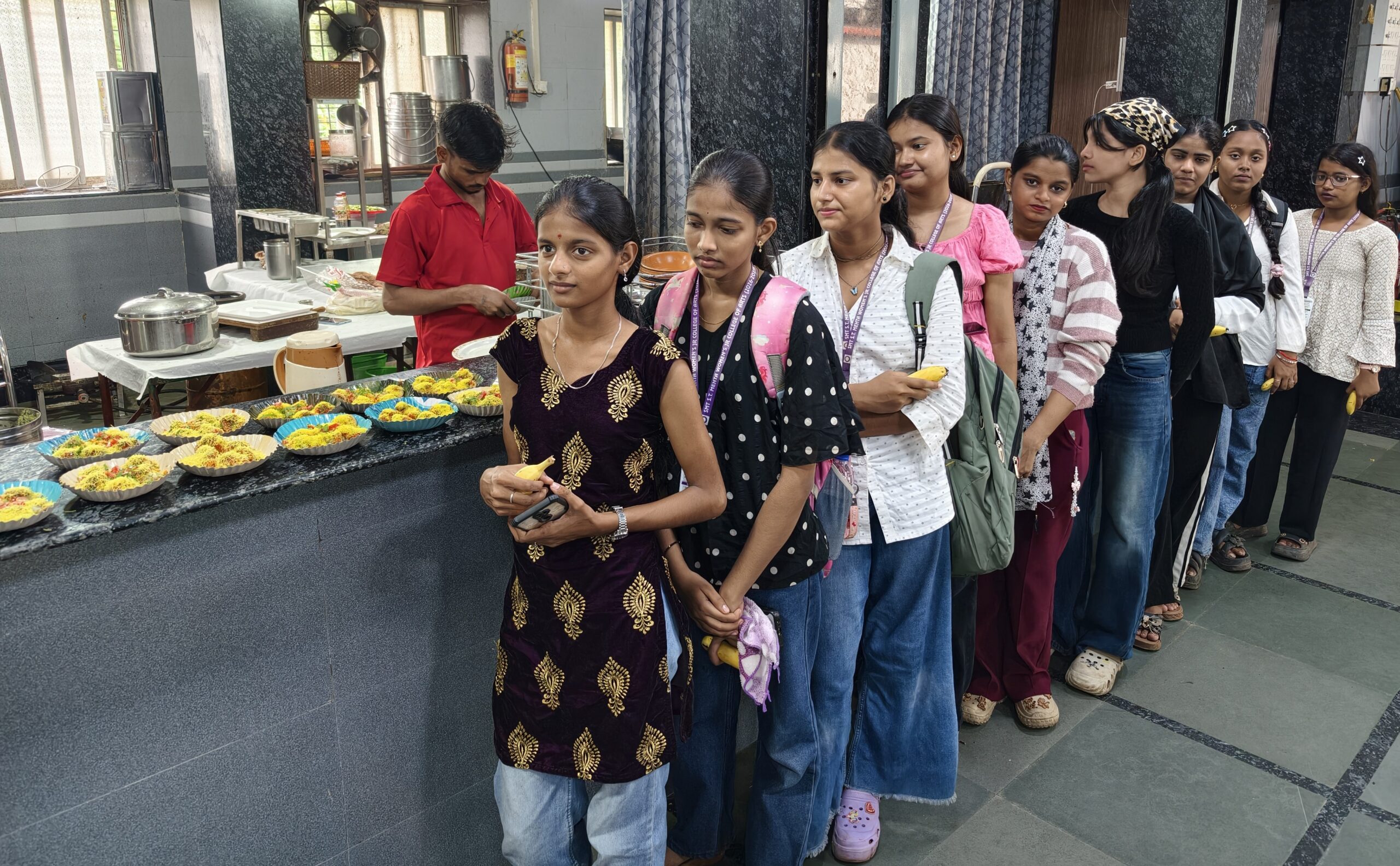 Students waiting in line for sev puri